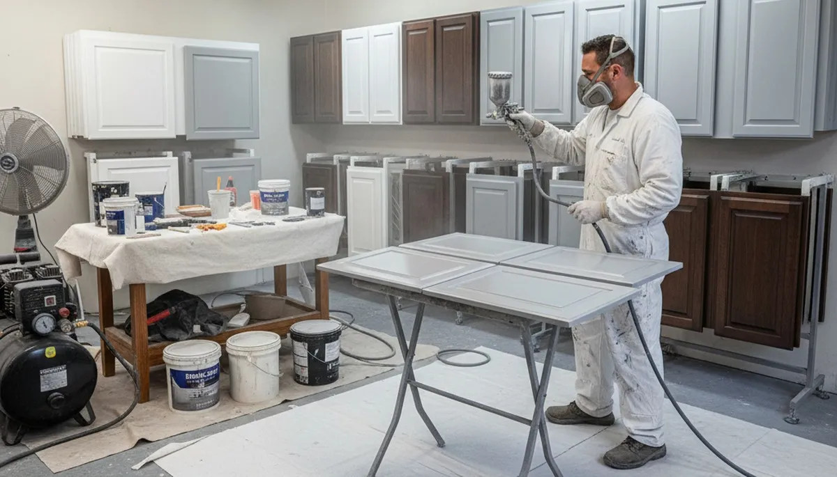 Professional cabinet painting process using spray and brush methods in Warwick, RI kitchen