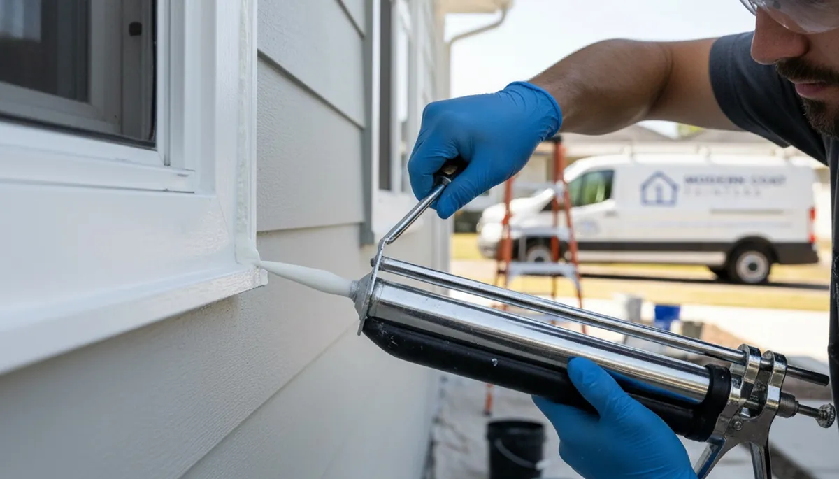 Professional caulking and sealing on Warwick, RI home exterior for moisture and weather protection