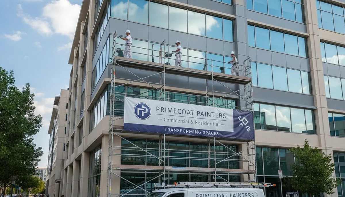 Professional commercial painters in Warwick, RI applying durable exterior paint to office building