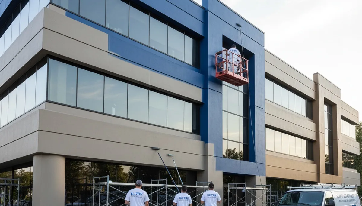 Professional commercial painters working on business exterior in Warwick, RI