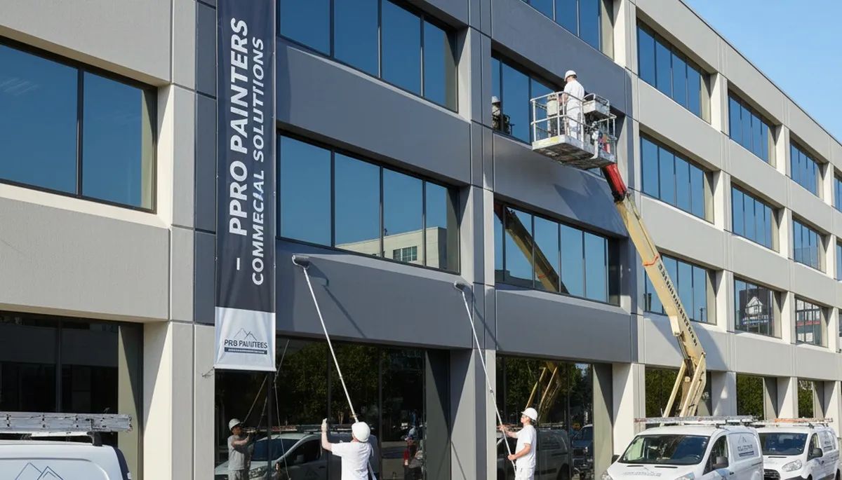 Professional commercial painters coating Warwick RI office exterior for long-lasting business finish
