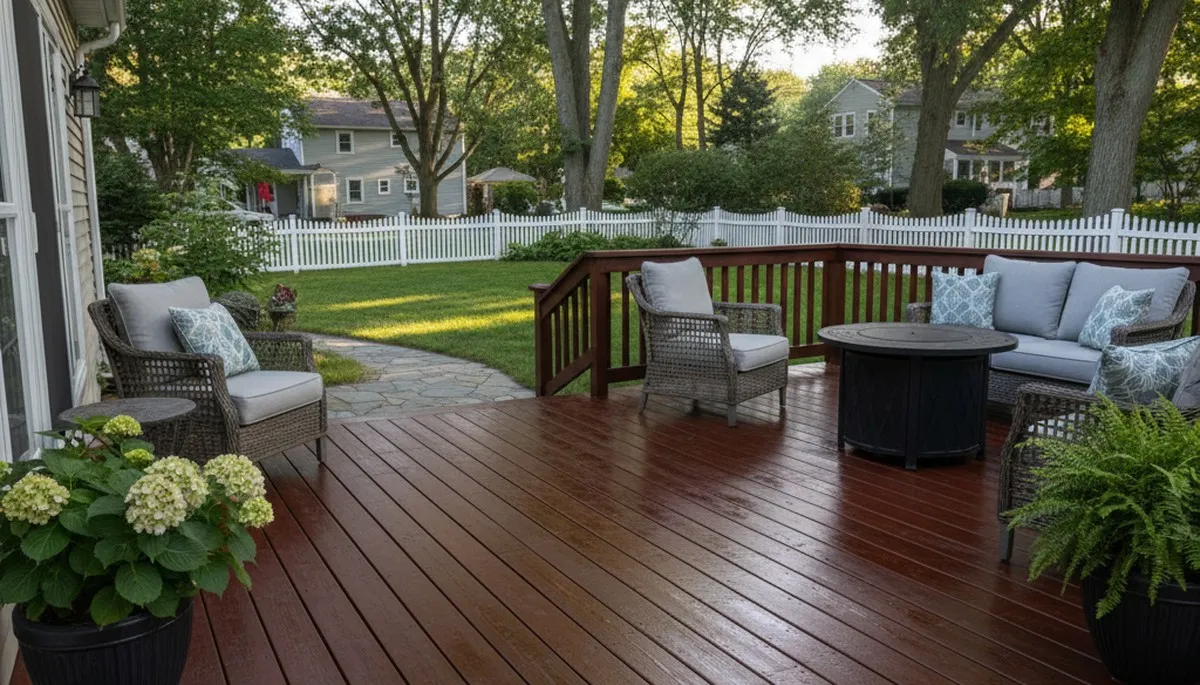Finished deck staining in Warwick RI showcasing rich wood tone and expert weatherproof finish