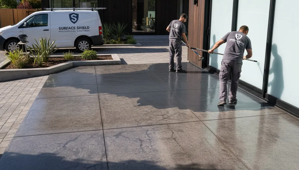 Professional concrete staining in Warwick RI showcasing durable, polished residential floor finish