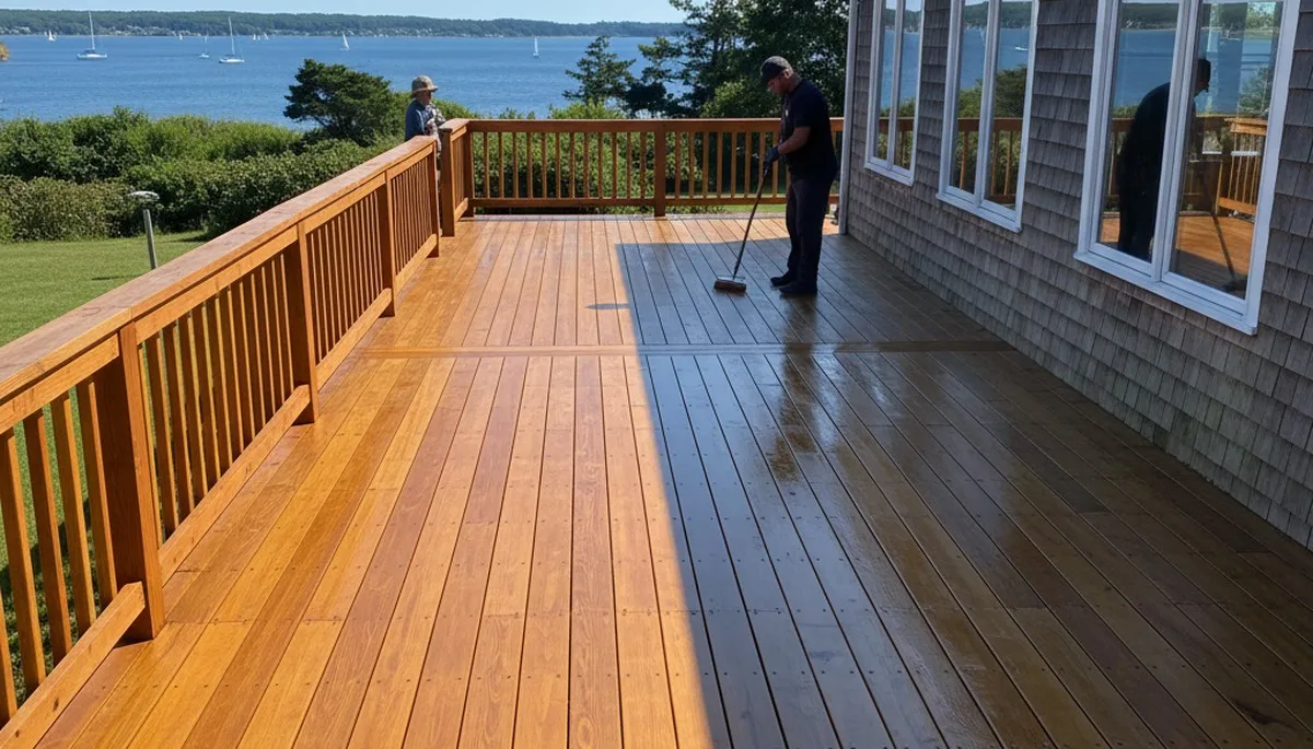 Professional deck staining in Warwick RI enhancing wood color and protecting outdoor decks from coastal weather