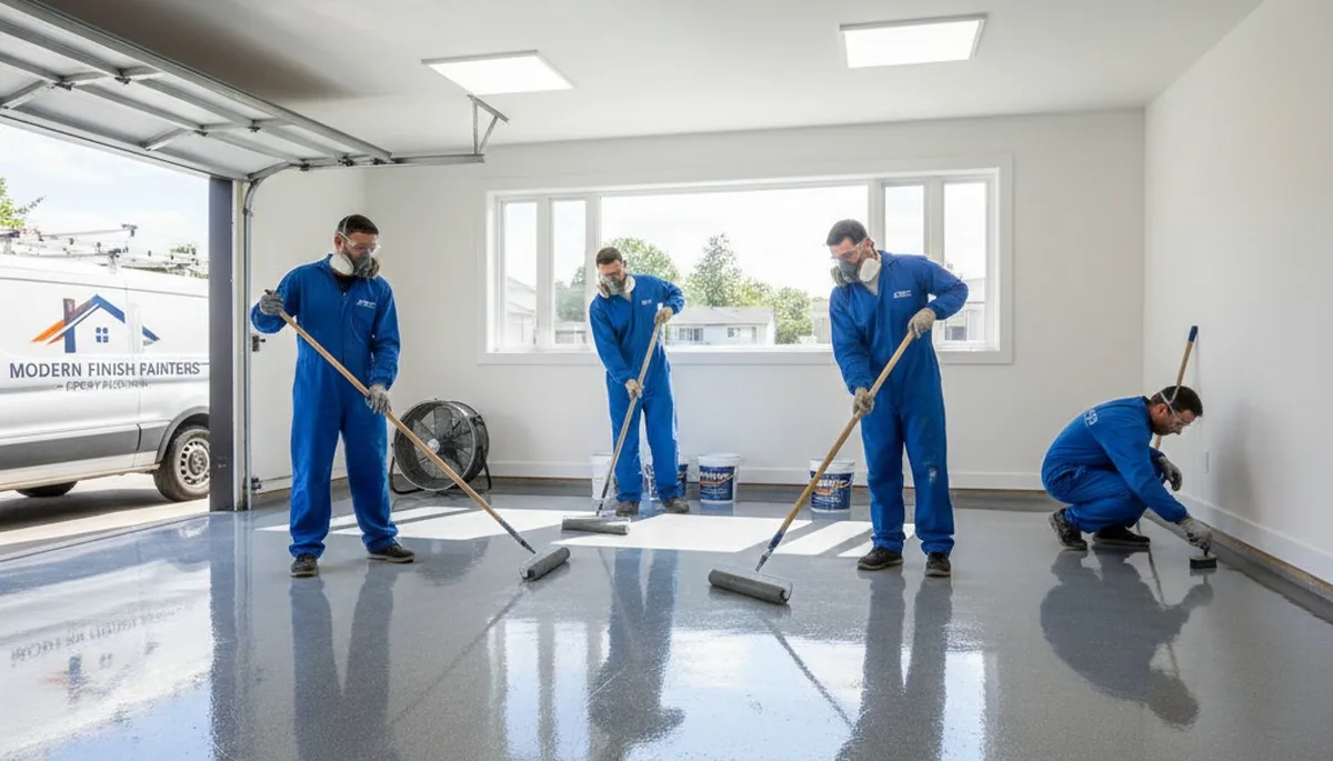 Epoxy floor coating in Warwick RI garage by professional painters ensuring durable, moisture-resistant finish