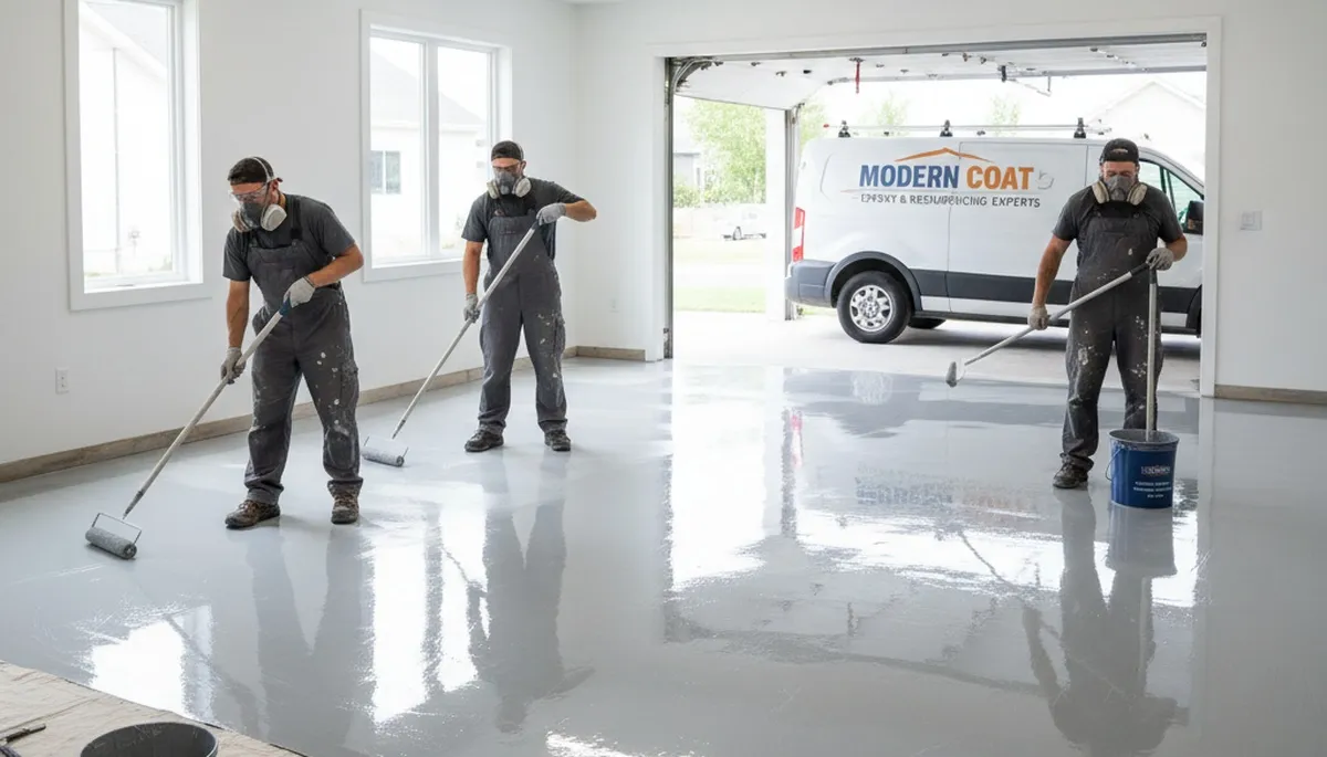 Epoxy floor coating in Warwick RI garage by professional house painters for durable, glossy finish
