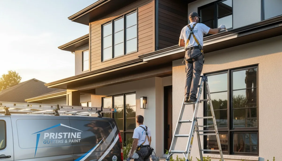 Professional gutter painting on coastal home exterior in Warwick, RI by expert house painters