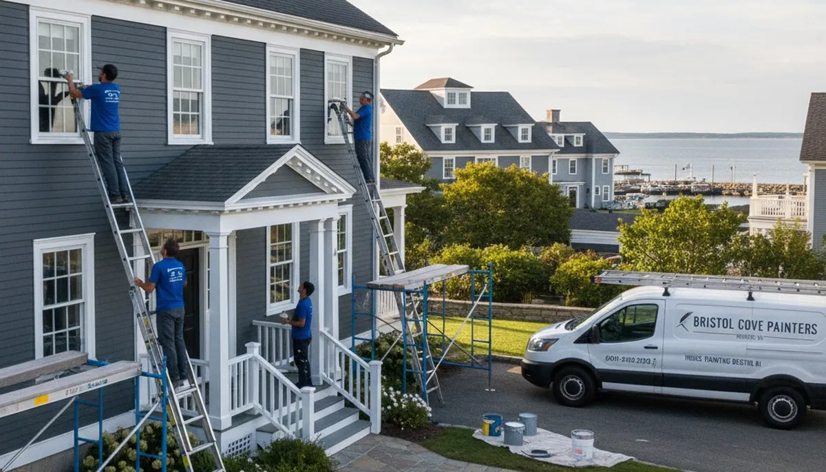 Professional house painters working on exterior home in Warwick RI