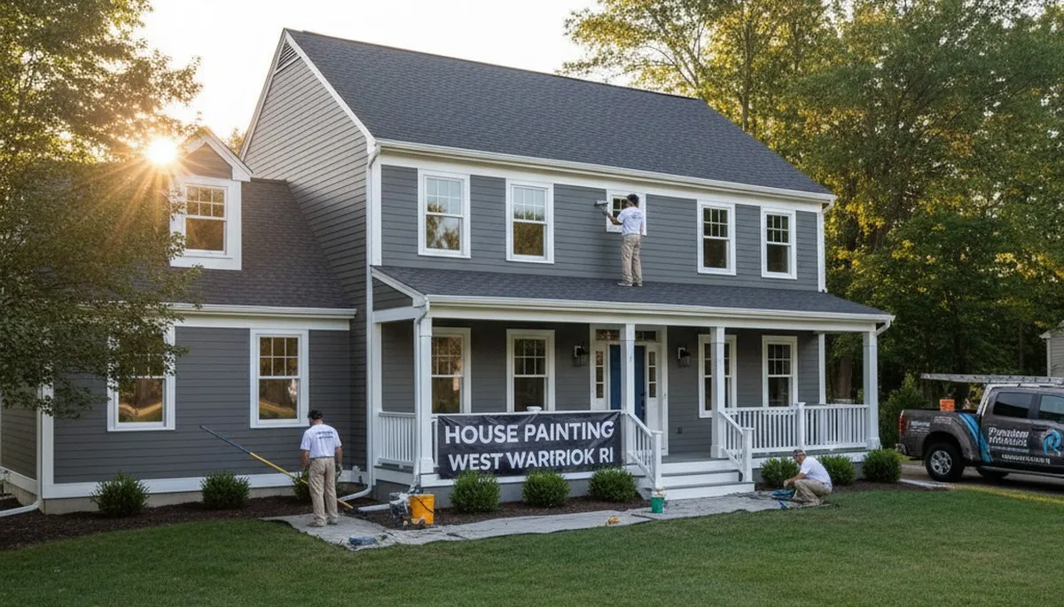 Professional house painters working on residential exterior in Warwick RI