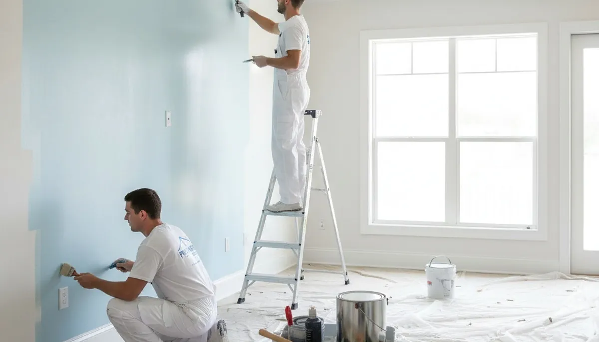 Professional interior house painters finishing living room walls in Warwick, RI
