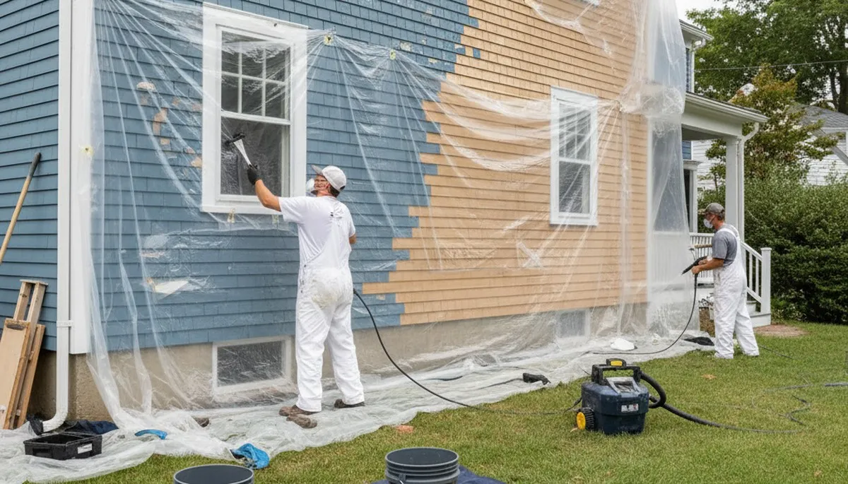 Painter sanding exterior siding for durable finish during surface prep in Warwick, RI homes