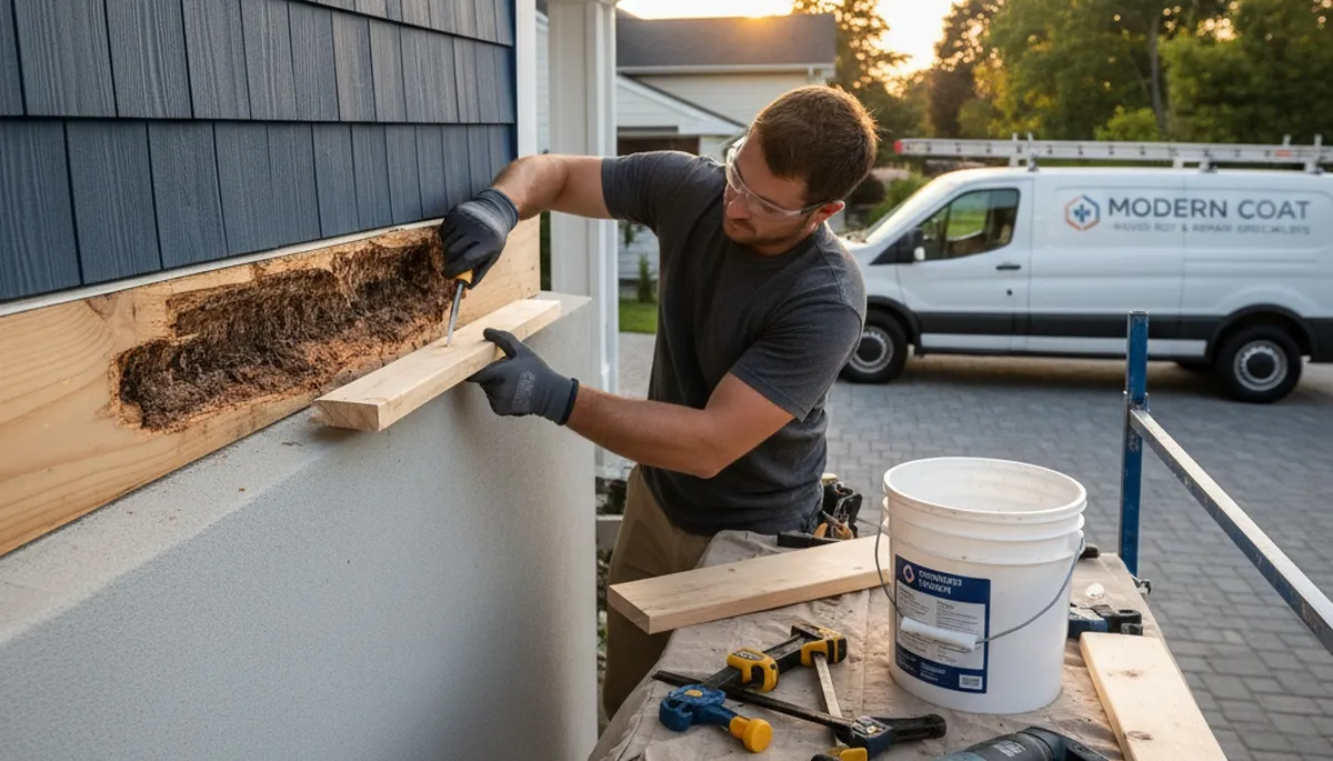 Professional wood rot repair on coastal home exterior in Warwick, RI by expert painters